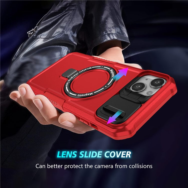 For iPhone 14 Case Kickstand Magnetic Phone Protector with Sliding Lens Cover - Red