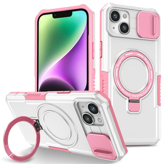 For iPhone 14 Plus Case with Sliding Camera Cover Kickstand Magnetic Phone Shell - Pink / White
