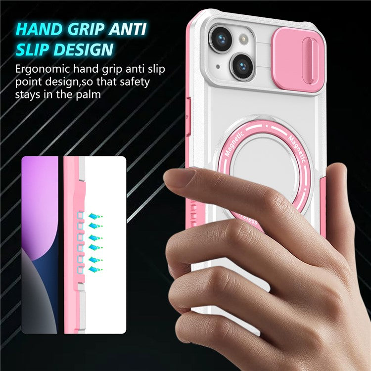 For iPhone 14 Plus Case with Sliding Camera Cover Kickstand Magnetic Phone Shell - Pink / White