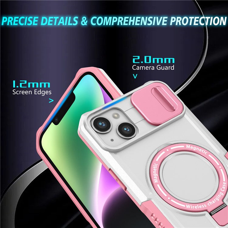 For iPhone 14 Plus Case with Sliding Camera Cover Kickstand Magnetic Phone Shell - Pink / White