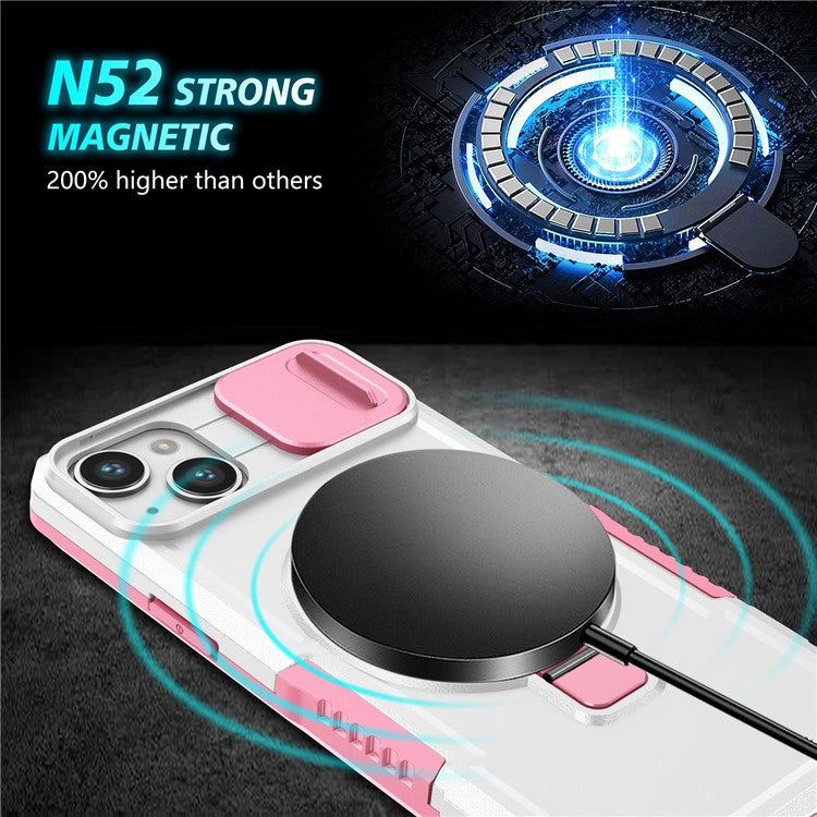 For iPhone 14 Plus Case with Sliding Camera Cover Kickstand Magnetic Phone Shell - Pink / White