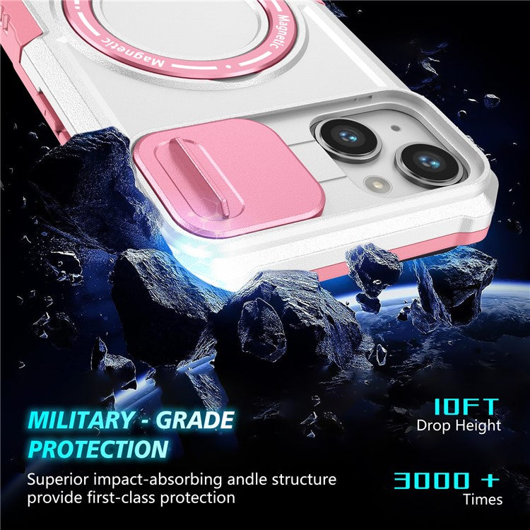 For iPhone 14 Plus Case with Sliding Camera Cover Kickstand Magnetic Phone Shell - Pink / White