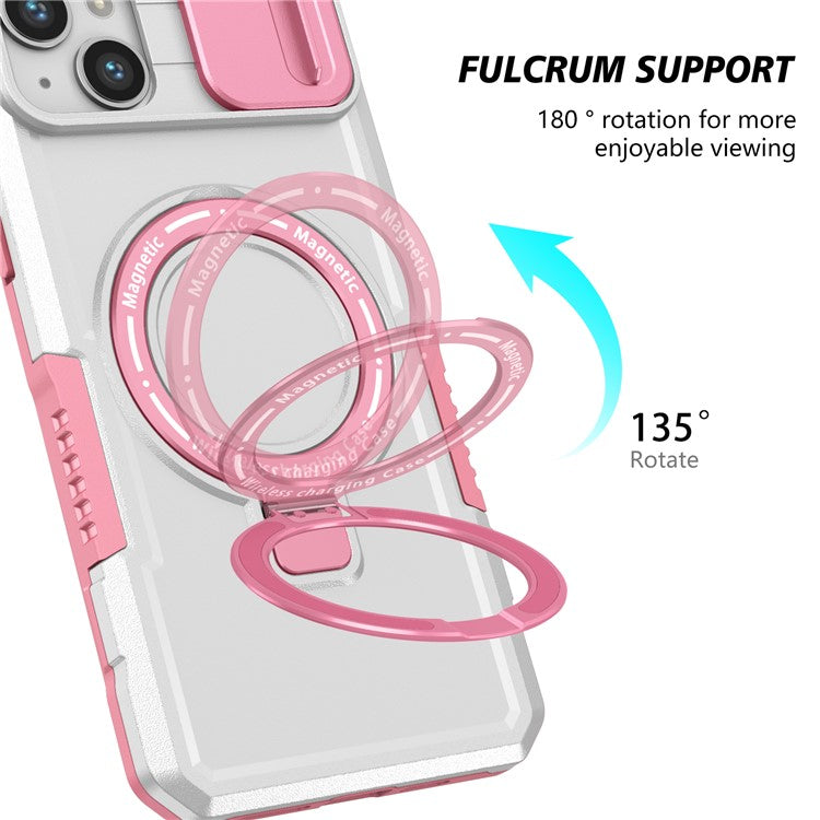 For iPhone 14 Plus Case with Sliding Camera Cover Kickstand Magnetic Phone Shell - Pink / White