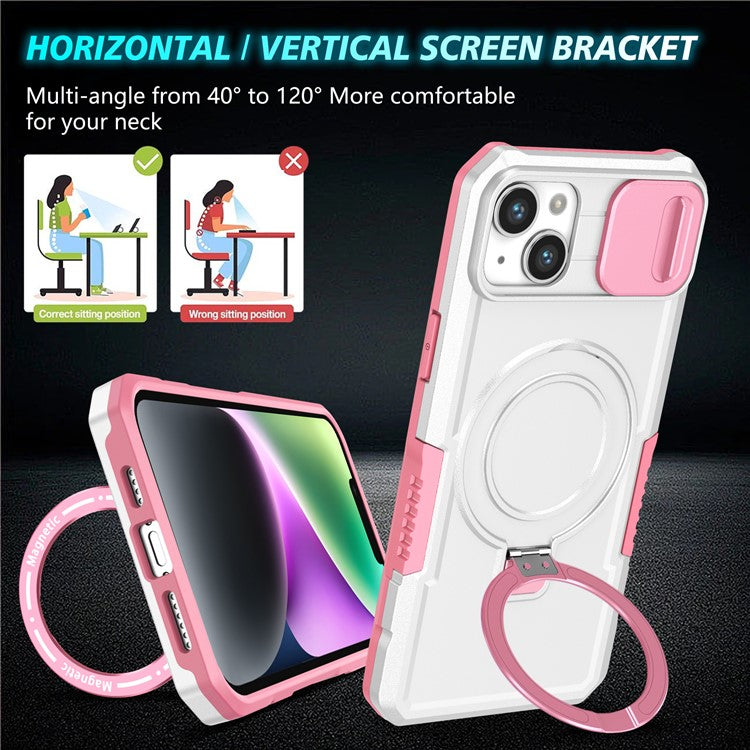 For iPhone 14 Plus Case with Sliding Camera Cover Kickstand Magnetic Phone Shell - Pink / White