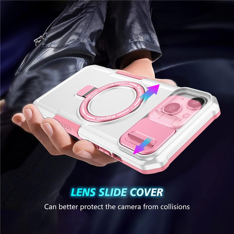 For iPhone 14 Plus Case with Sliding Camera Cover Kickstand Magnetic Phone Shell - Pink / White