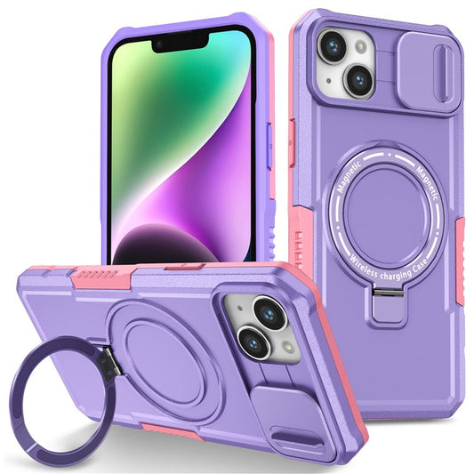 For iPhone 14 Plus Case with Sliding Camera Cover Kickstand Magnetic Phone Shell - Pink / Purple