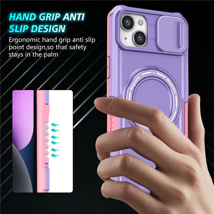 For iPhone 14 Plus Case with Sliding Camera Cover Kickstand Magnetic Phone Shell - Pink / Purple