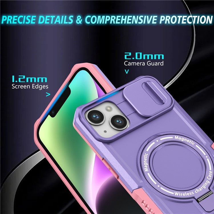 For iPhone 14 Plus Case with Sliding Camera Cover Kickstand Magnetic Phone Shell - Pink / Purple