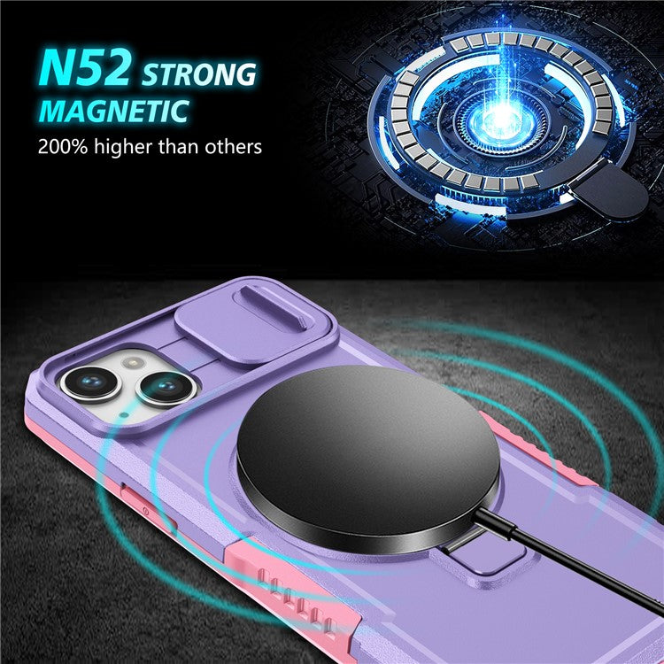 For iPhone 14 Plus Case with Sliding Camera Cover Kickstand Magnetic Phone Shell - Pink / Purple