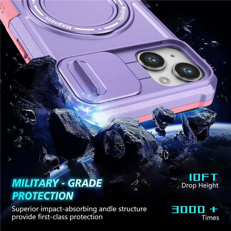 For iPhone 14 Plus Case with Sliding Camera Cover Kickstand Magnetic Phone Shell - Pink / Purple
