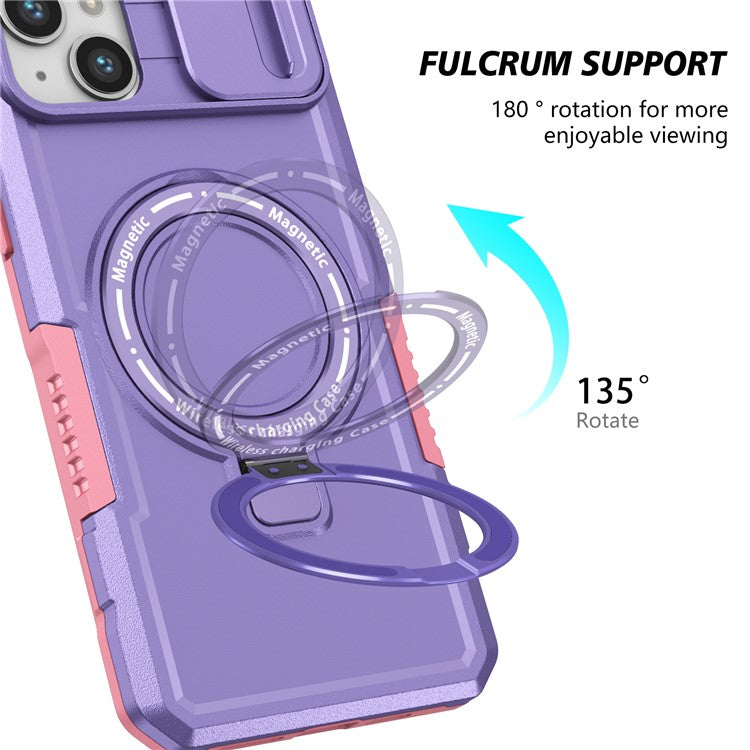 For iPhone 14 Plus Case with Sliding Camera Cover Kickstand Magnetic Phone Shell - Pink / Purple