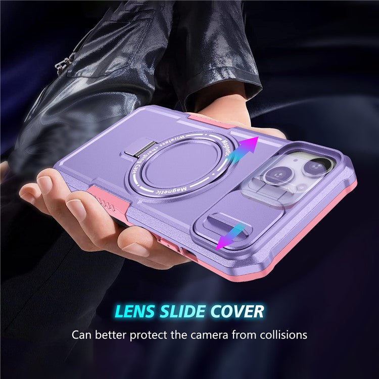 For iPhone 14 Plus Case with Sliding Camera Cover Kickstand Magnetic Phone Shell - Pink / Purple