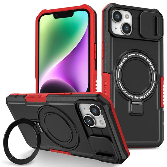 For iPhone 14 Plus Case with Sliding Camera Cover Kickstand Magnetic Phone Shell - Red / Black