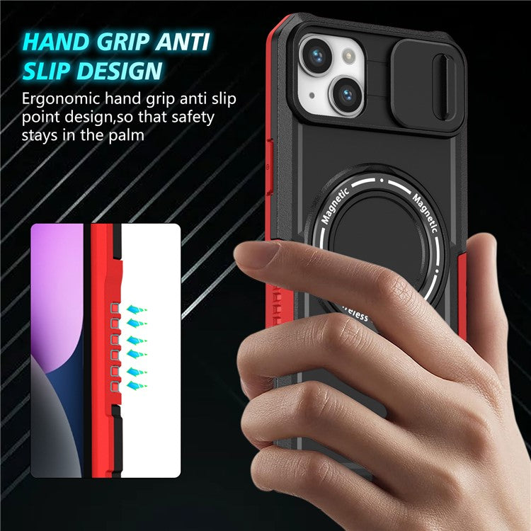 For iPhone 14 Plus Case with Sliding Camera Cover Kickstand Magnetic Phone Shell - Red / Black