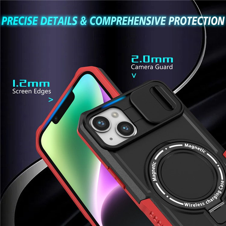 For iPhone 14 Plus Case with Sliding Camera Cover Kickstand Magnetic Phone Shell - Red / Black