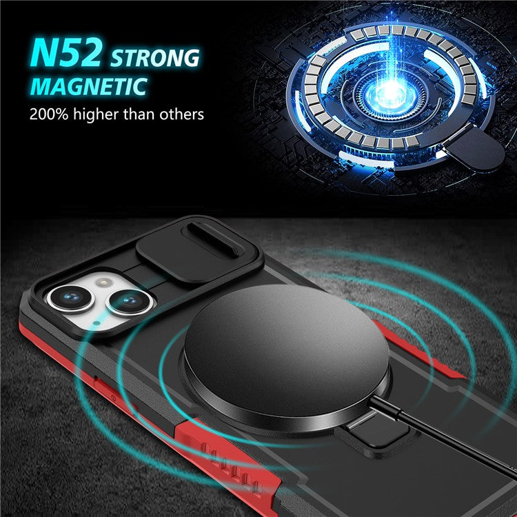 For iPhone 14 Plus Case with Sliding Camera Cover Kickstand Magnetic Phone Shell - Red / Black