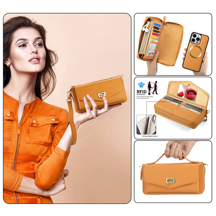 POLA Style 001 For iPhone 14 Pro Case Detachable Wallet Cell Phone Leather Cover - Orange