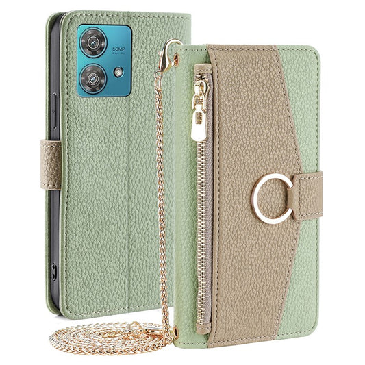 For Motorola Edge 40 Neo 5G Case PU Leather Makeup Mirror Cover with Crossbody Strap - Green