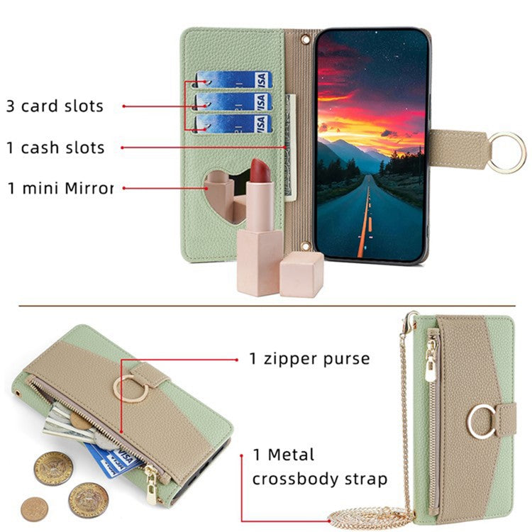 For Motorola Edge 40 Neo 5G Case PU Leather Makeup Mirror Cover with Crossbody Strap - Green