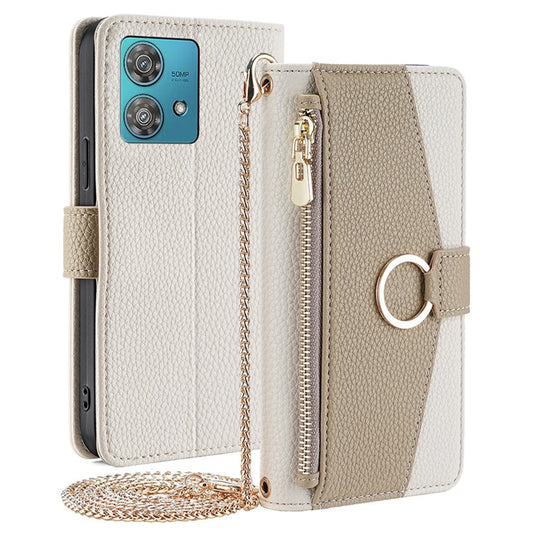 For Motorola Edge 40 Neo 5G Case PU Leather Makeup Mirror Cover with Crossbody Strap - White