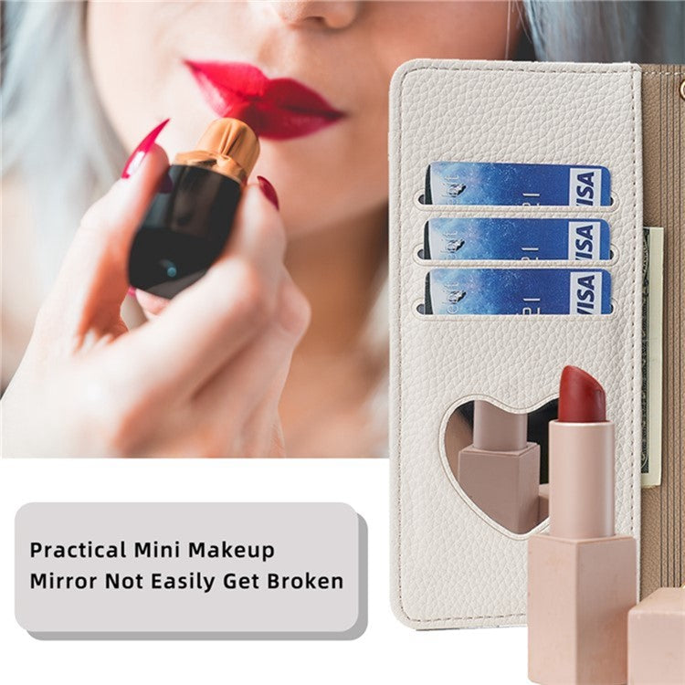For Motorola Edge 40 Neo 5G Case PU Leather Makeup Mirror Cover with Crossbody Strap - White