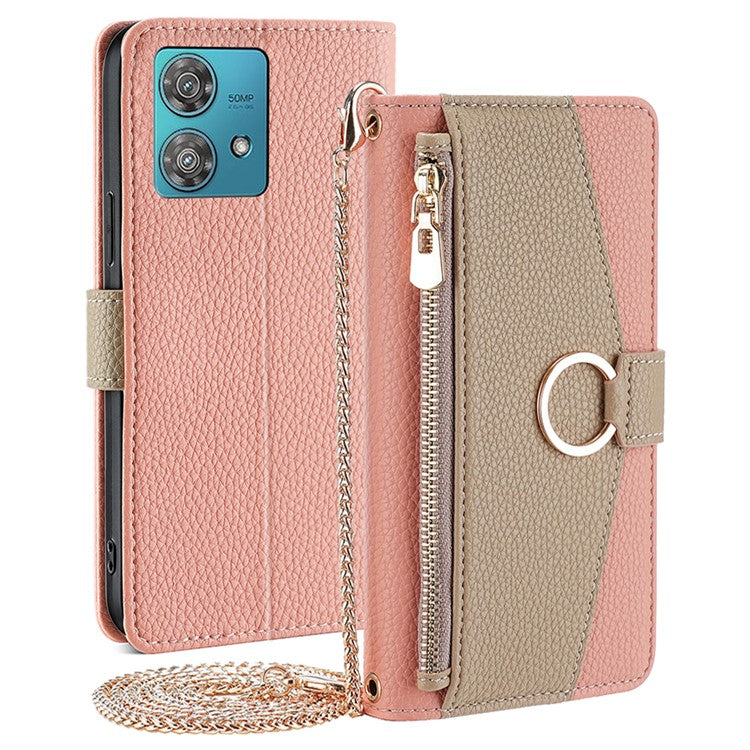 For Motorola Edge 40 Neo 5G Case PU Leather Makeup Mirror Cover with Crossbody Strap - Pink