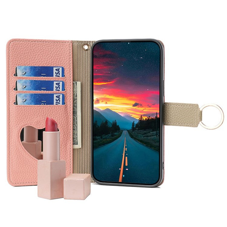 For Motorola Edge 40 Neo 5G Case PU Leather Makeup Mirror Cover with Crossbody Strap - Pink