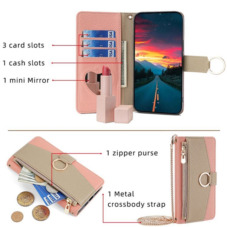 For Motorola Edge 40 Neo 5G Case PU Leather Makeup Mirror Cover with Crossbody Strap - Pink