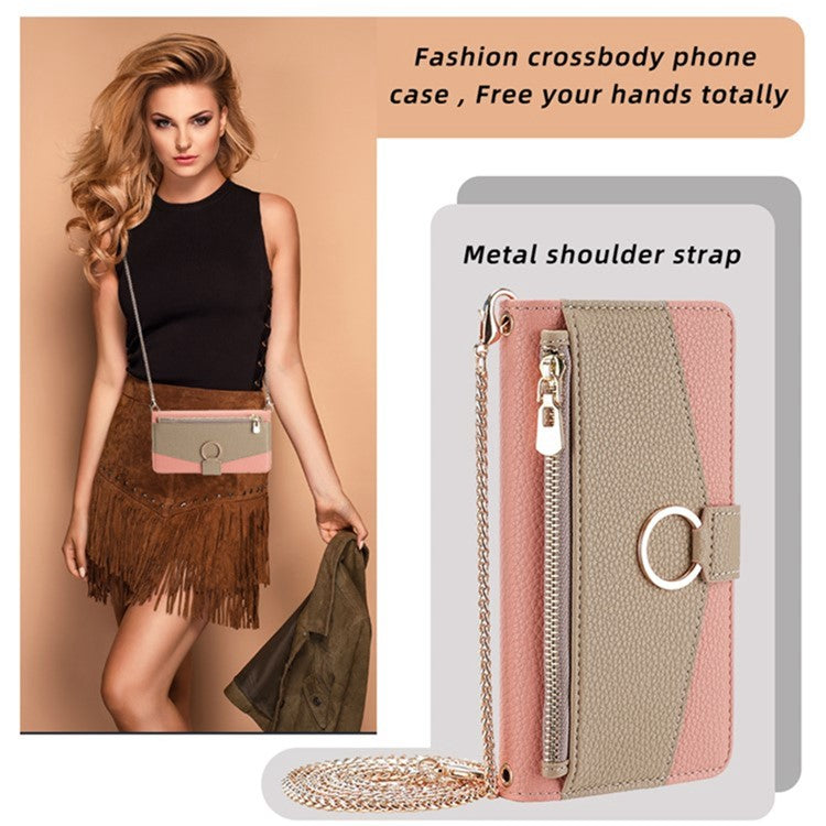 For Motorola Edge 40 Neo 5G Case PU Leather Makeup Mirror Cover with Crossbody Strap - Pink