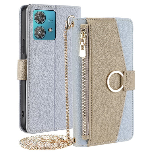 For Motorola Edge 40 Neo 5G Case PU Leather Makeup Mirror Cover with Crossbody Strap - Blue