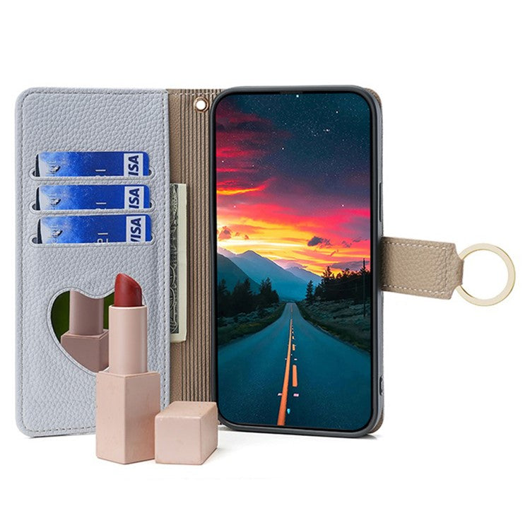 For Motorola Edge 40 Neo 5G Case PU Leather Makeup Mirror Cover with Crossbody Strap - Blue