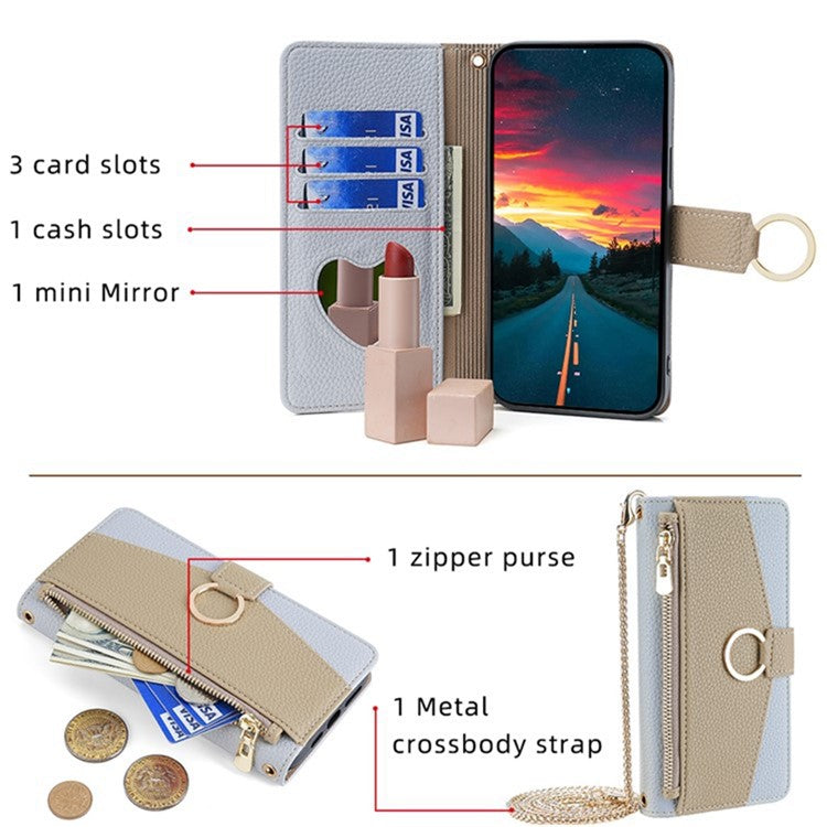For Motorola Edge 40 Neo 5G Case PU Leather Makeup Mirror Cover with Crossbody Strap - Blue