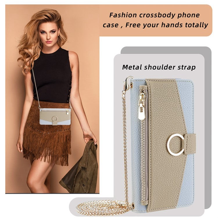 For Motorola Edge 40 Neo 5G Case PU Leather Makeup Mirror Cover with Crossbody Strap - Blue