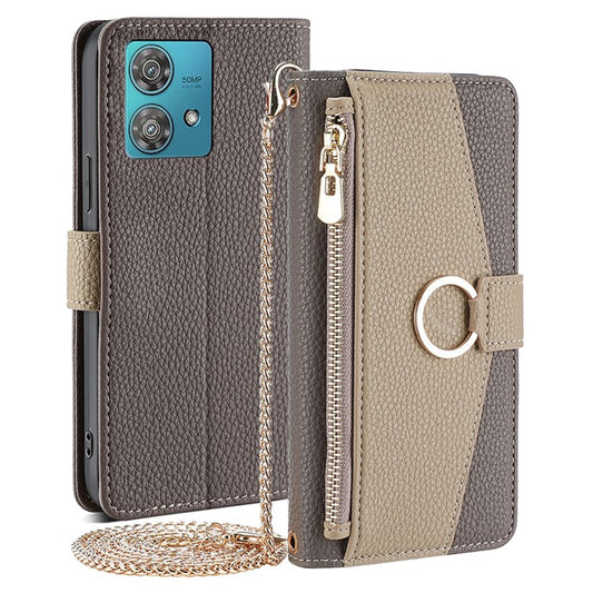 For Motorola Edge 40 Neo 5G Case PU Leather Makeup Mirror Cover with Crossbody Strap - Grey