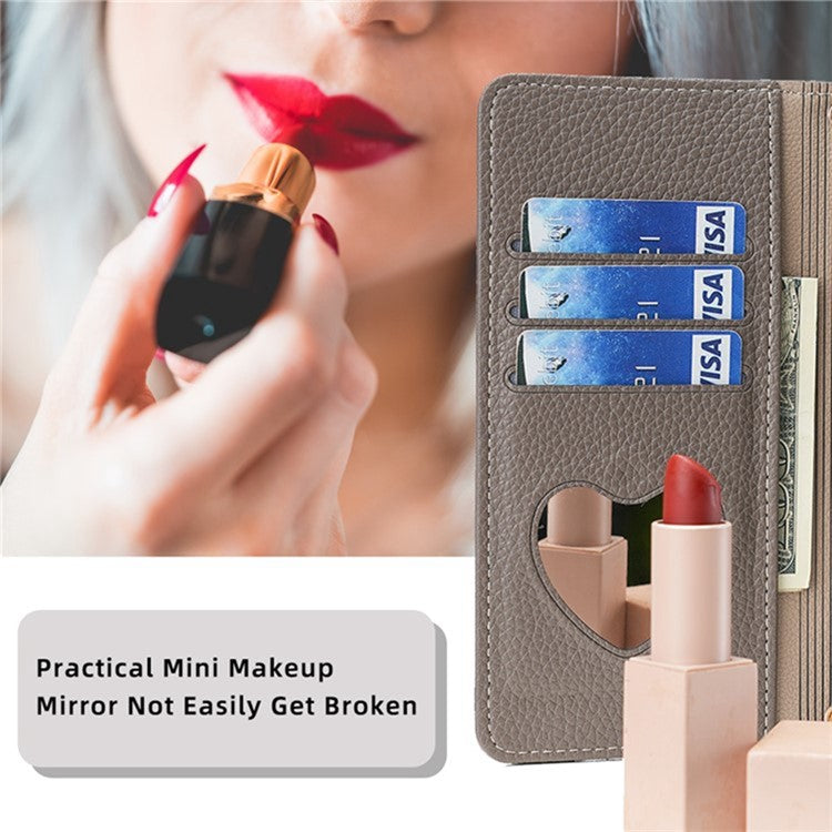 For Motorola Edge 40 Neo 5G Case PU Leather Makeup Mirror Cover with Crossbody Strap - Grey