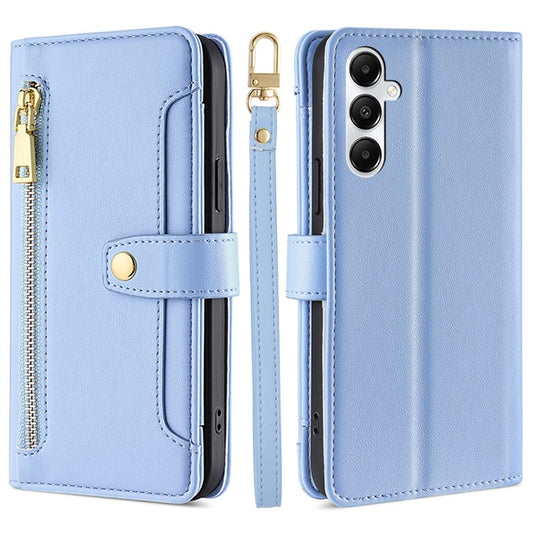 For Samsung Galaxy A05s 4G Case Zipper Pocket Wallet PU Leather Phone Cover with 2 Straps - Blue
