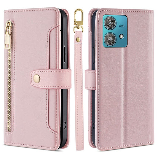 For Motorola Edge 40 Neo 5G Case Wallet Crossbody Phone Bag with 2 Straps - Pink