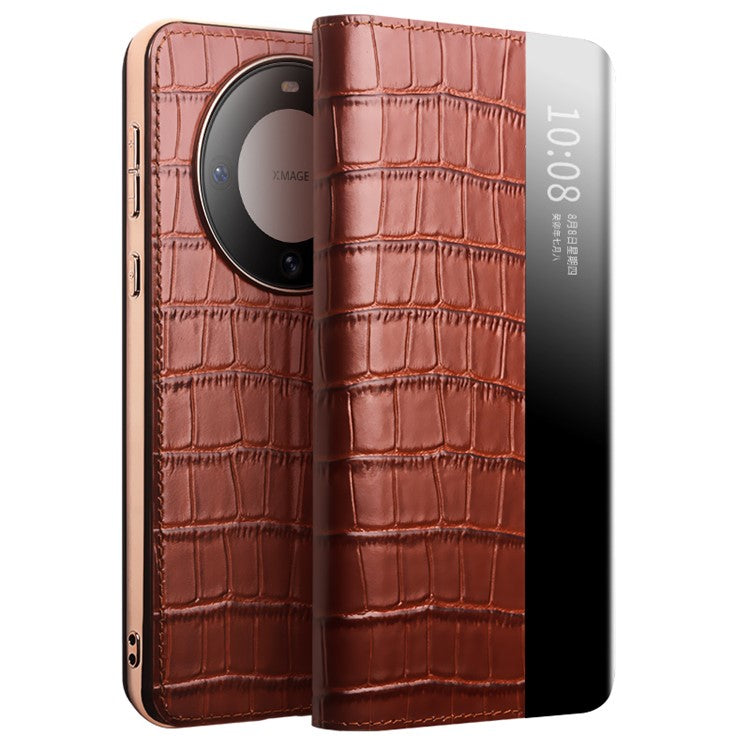 QIALINO For Huawei Mate 60 Case Genuine Cow Leather View Window Shockproof Flip Phone Cover - Brown