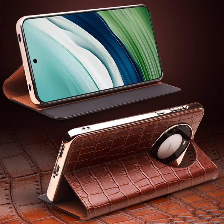 QIALINO For Huawei Mate 60 Case Genuine Cow Leather View Window Shockproof Flip Phone Cover - Brown