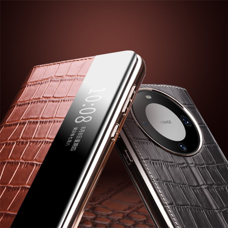 QIALINO For Huawei Mate 60 Case Genuine Cow Leather View Window Shockproof Flip Phone Cover - Brown