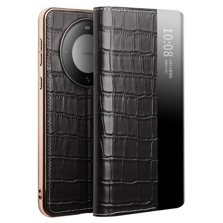 QIALINO For Huawei Mate 60 Case View Window Genuine Cow Leather Shockproof Phone Protector - Black