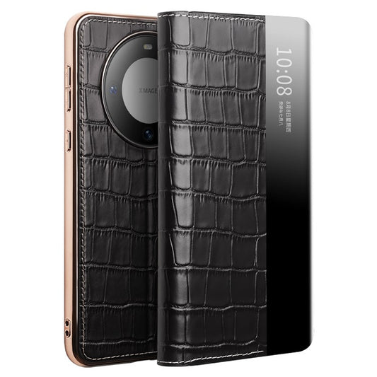 QIALINO For Huawei Mate 60 Case View Window Genuine Cow Leather Shockproof Phone Protector - Black