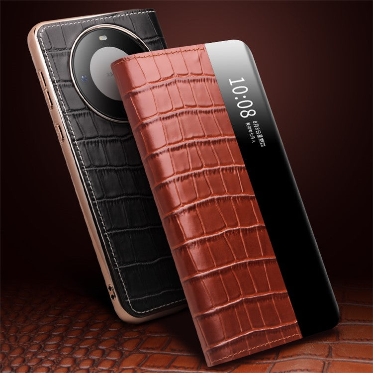 QIALINO For Huawei Mate 60 Case View Window Genuine Cow Leather Shockproof Phone Protector - Black