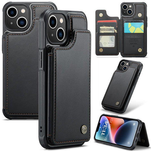 CASEME C22 Series for iPhone 14 Case RFID Blocking Kickstand Cover with 4 Card Slots - Black