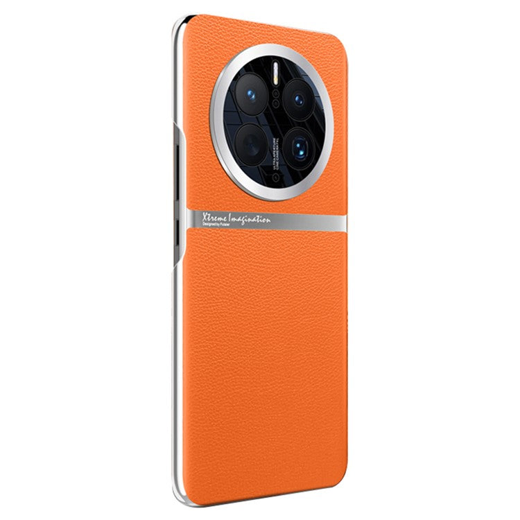 For Huawei Mate 50 Pro 4G Case Back Shell PU Leather Coated Hard PC Phone Cover - Orange