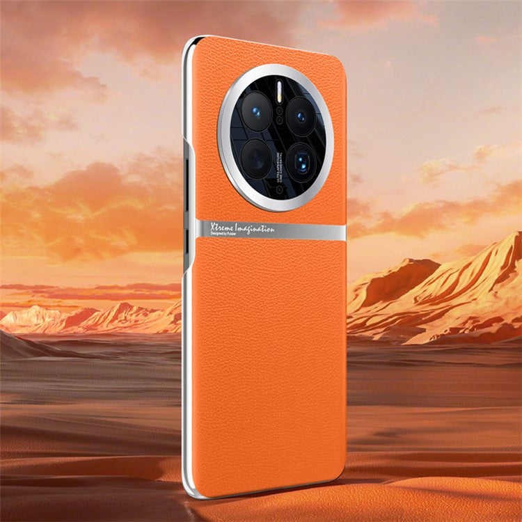For Huawei Mate 50 Pro 4G Case Back Shell PU Leather Coated Hard PC Phone Cover - Orange