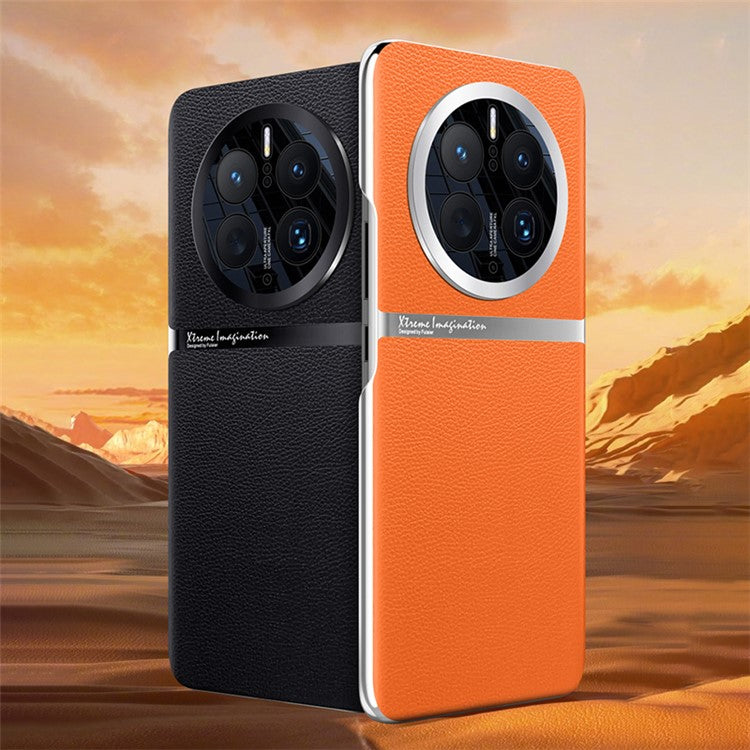 For Huawei Mate 50 Pro 4G Case Back Shell PU Leather Coated Hard PC Phone Cover - Orange