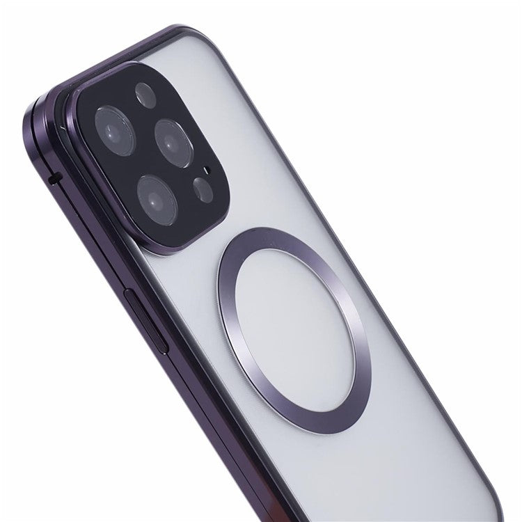 For iPhone 14 Pro Max Anti-Peep Case Tempered Glass Metal Bumper Phone Cover Compatible with MagSafe - Purple