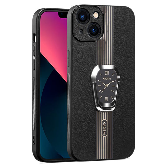 KADEM For iPhone 14 Plus Case Liquid PU Leather+TPU+Acrylic Phone Cover with Folding Kickstand - Black