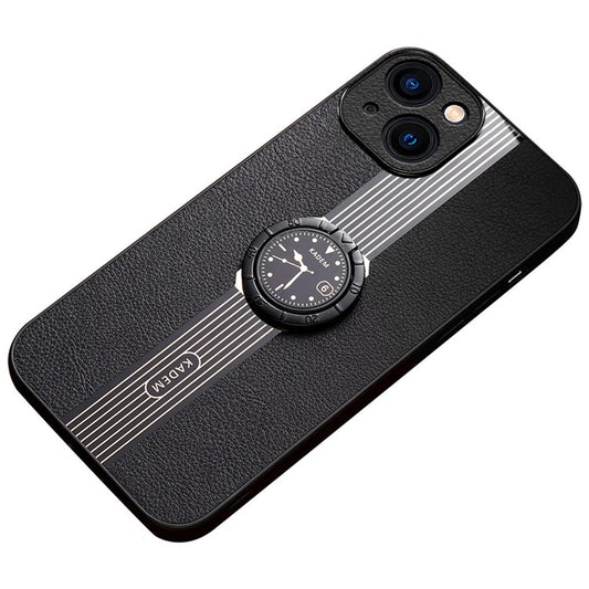 KADEM For iPhone 14 Case PU Leather+Acrylic+TPU Electroplating Cover with Ring Kickstand - Black